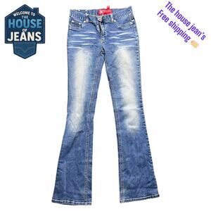 Bongo Jeans Women’s Size 1 Blue Bootcut Stretch Denim Whiskered Distressed